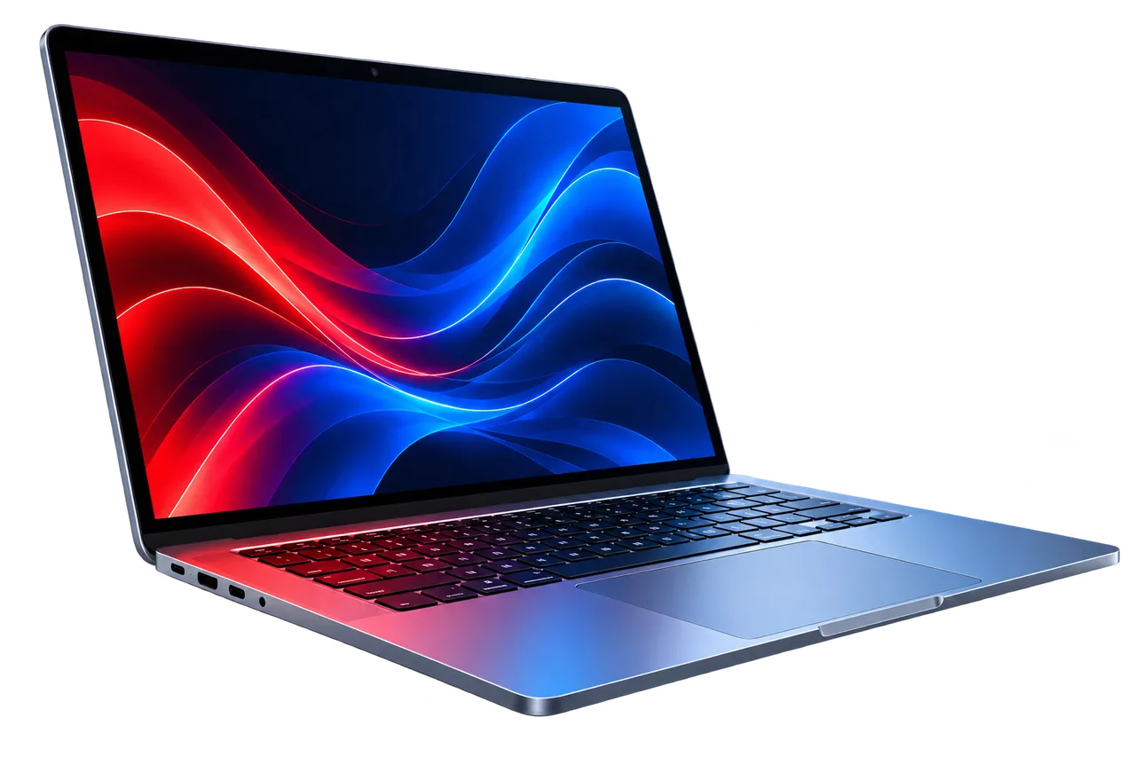 Laptop completa con pantalla azul y roja